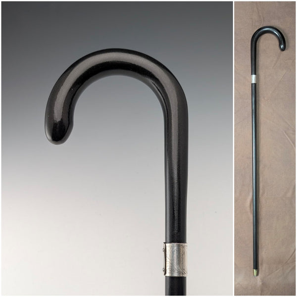 1920-30年代 英国ヴィンテージ ブラックシャフト 曲がりハンドル 純銀装飾 ステッキ 杖 78cm